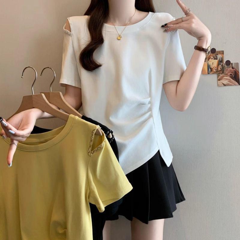 Plus Size One-Shoulder Beaded Hollow-Out Short-Sleeve T-Shirt, Summer Slimming Loose Fit