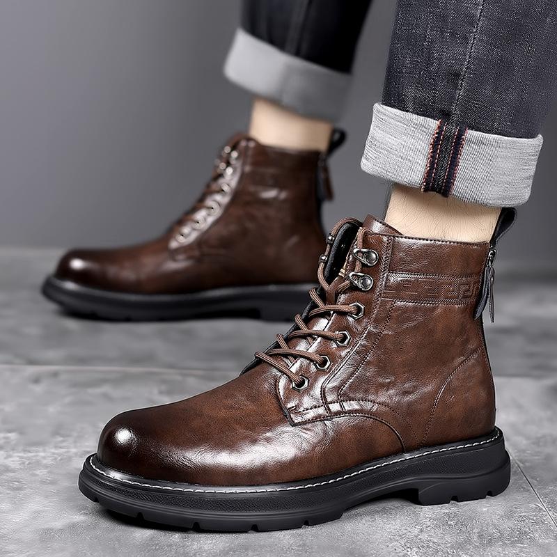 Men's Boots Autumn and Winter British Style Cowhide Boots Casual Workwear Boots Thick Soled Leather Boots with Plush Cotton Boot