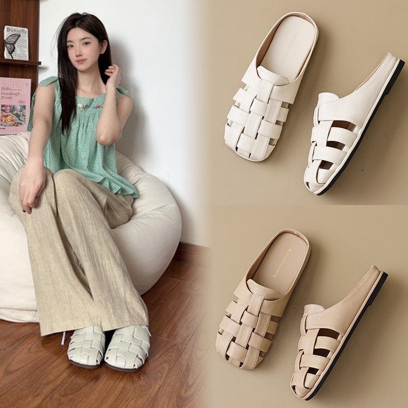 

Women s French-Style Woven Baotou Half Slippers: Summer Slip-On Flat Roman Sandals with Hollow Design for Outdoor Wear. 36 хакі