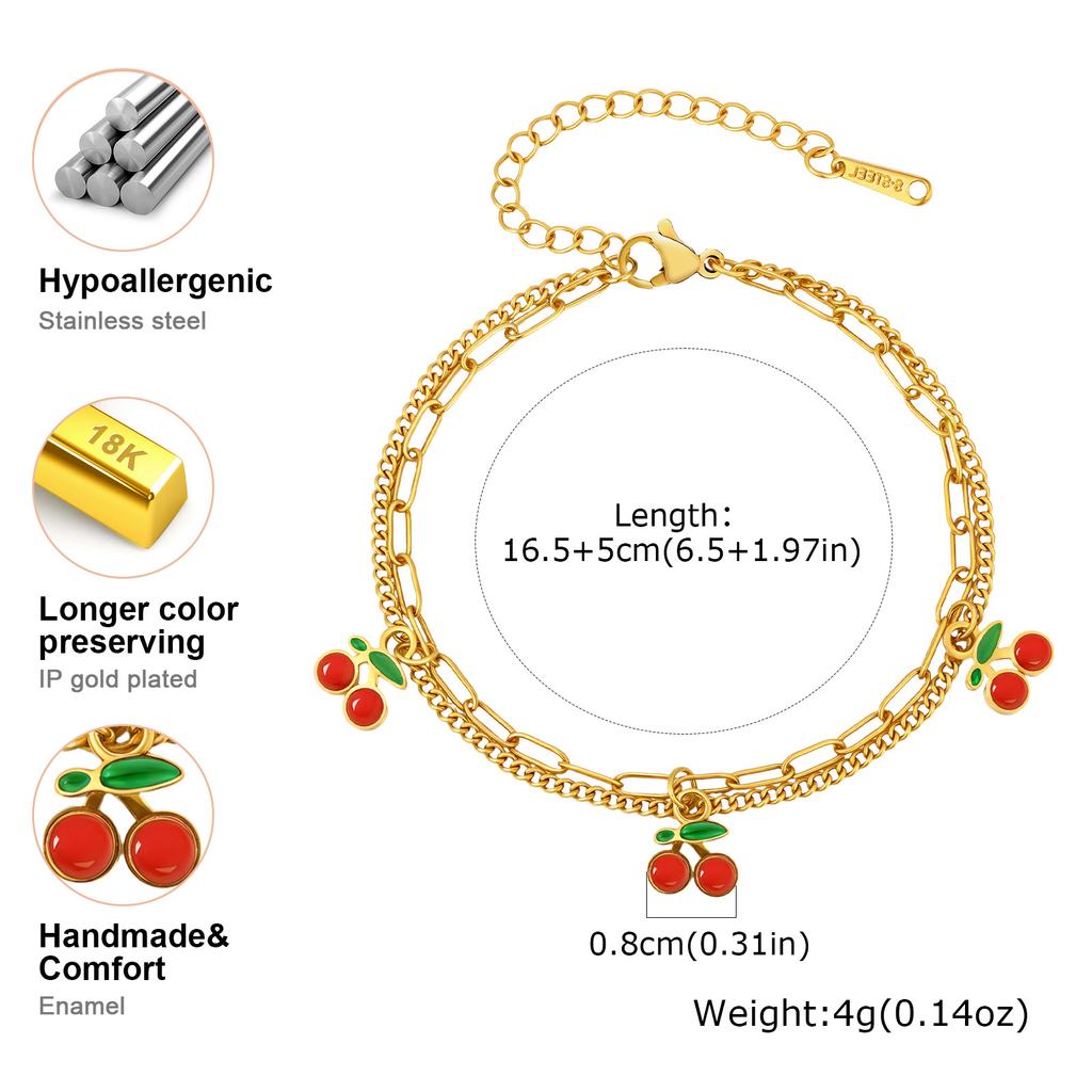 Vnox Gold Plated Fruit Cherry Strawberry Bracelet For Woman New Fashion Stainless Steel Double Chain Bracelet Hand Jewelry