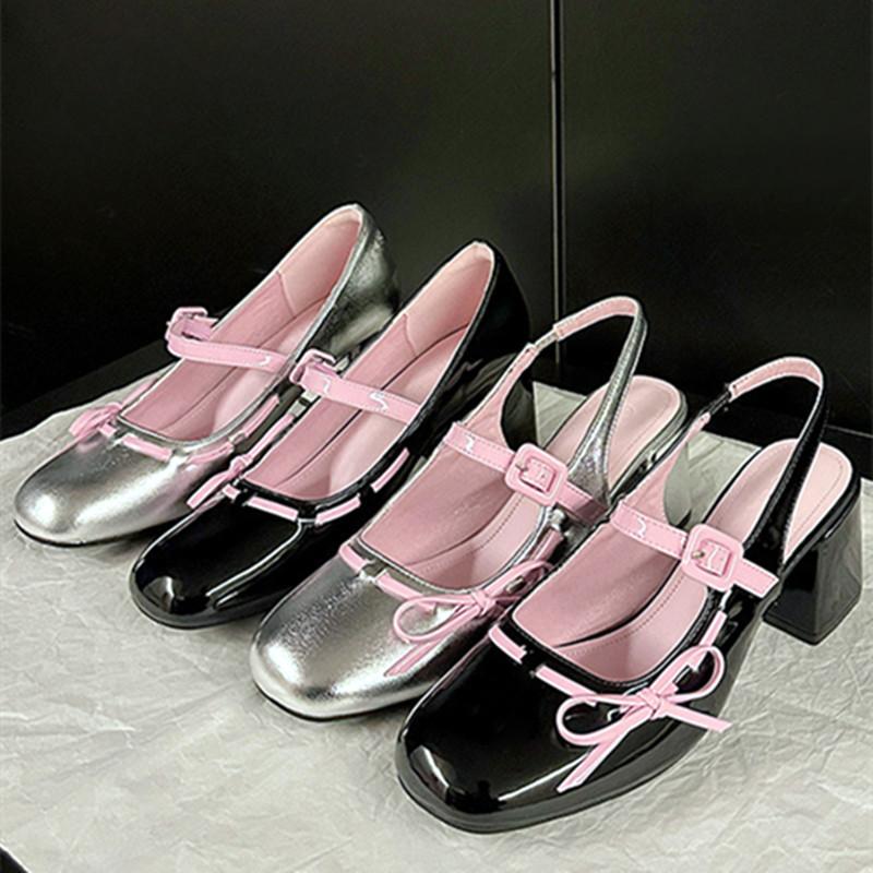 Fashion Sweet Bow Belt Buckle Women Sandals Fashion Round Toe Square Heel Mary Jane Shoes Simple Comfort Patent Leather Women Slide Shoe