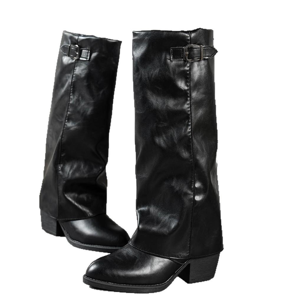 Spicy Cross-border E-commerce Mid-Calf Chunky Heel Pointed Toe Metal Buckle Trouser Boots, Plus Size Women's High Heel Boots.