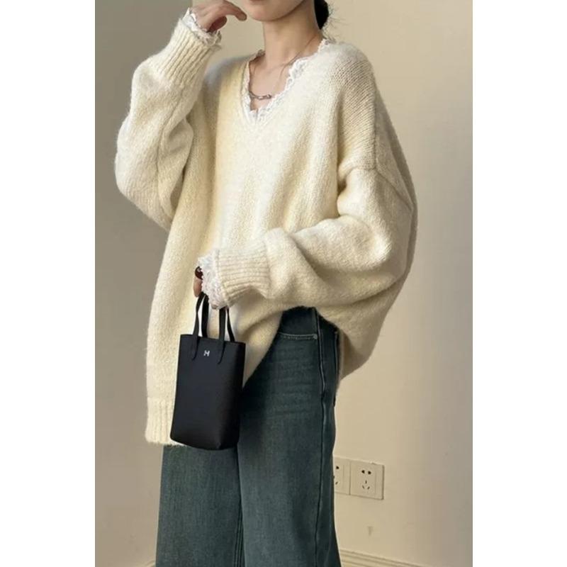 New Korean Fashion Lace Patchwork Pullover Loose Sweater Women Knitted Casual Versatile Tops Autumn and Winter V Neck Long Sleeve Solid Color Clothes