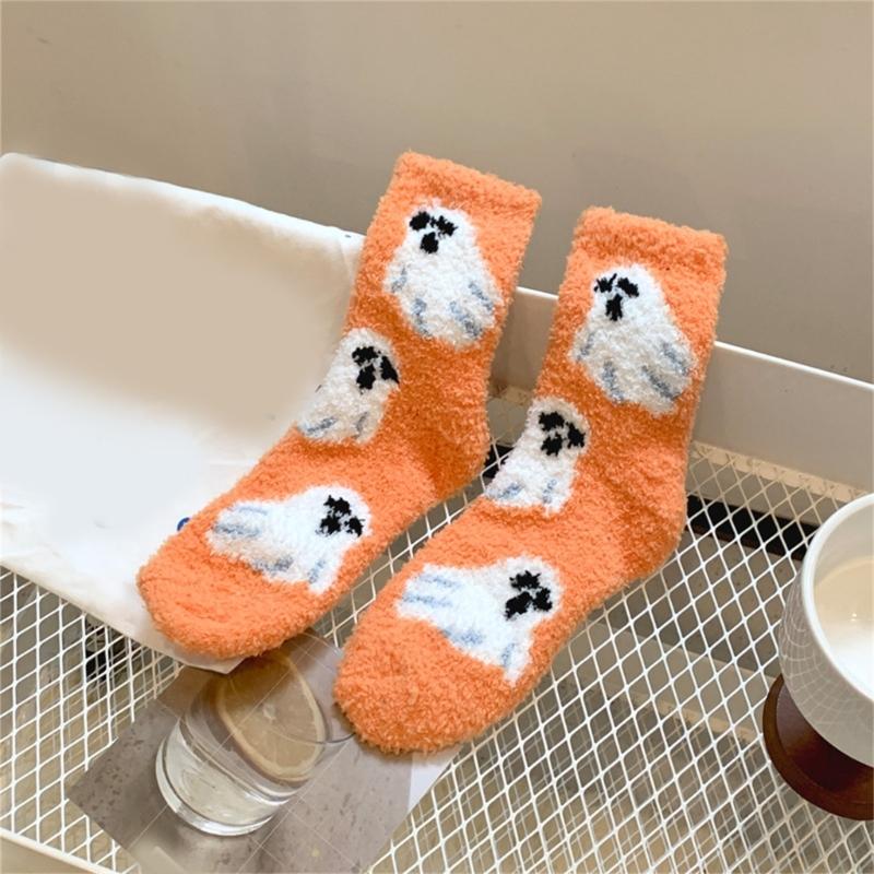 Women's Coral Fleece Socks for Halloween Festivities Cute Pumpkin Ghostly Witch Hat Print Cozy Fuzzy Slipper Ankle Socks