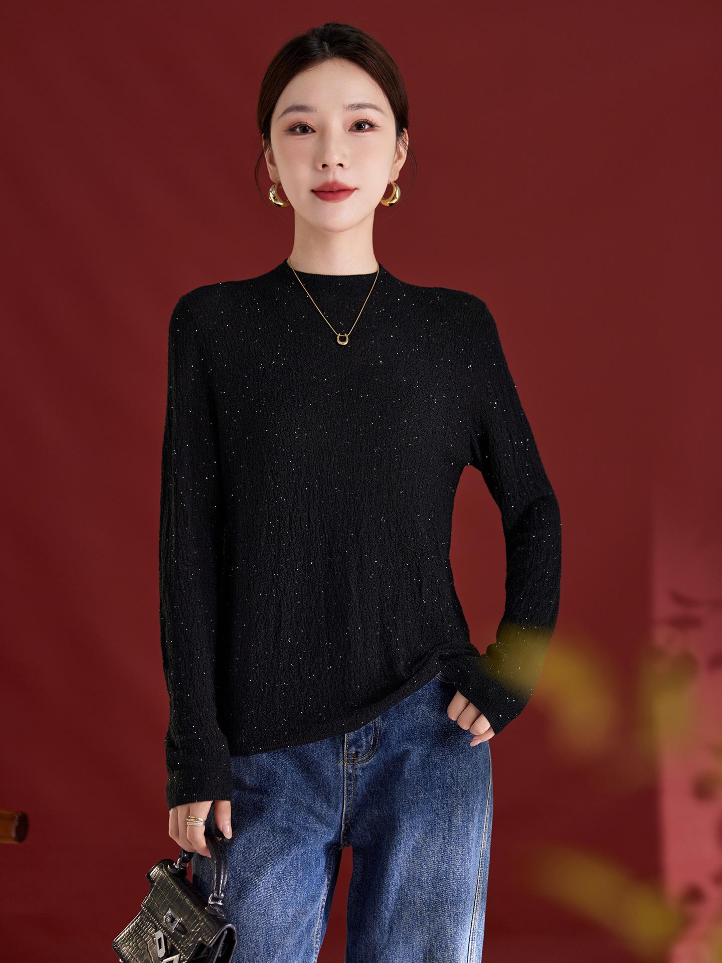

Women s Fashionable Sequin Yarn Wool Cardigan, Slim Fit Round Neck Sweater Medium чёрный