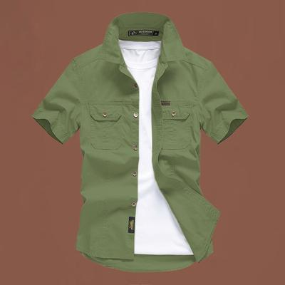 Men's Casual Loose Short-sleeved Shirt New Large Size Solid Color Mid-green Shirt Summer Workwear Pocket Top