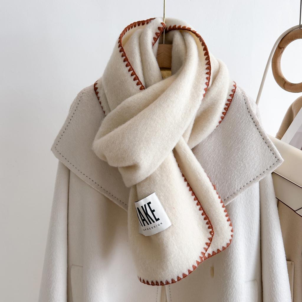 With Wool Overlock Pink Scarf for Women Winter Korean Atmosphere Thickened Warm High End Soft Waxy and Versatile Scarf