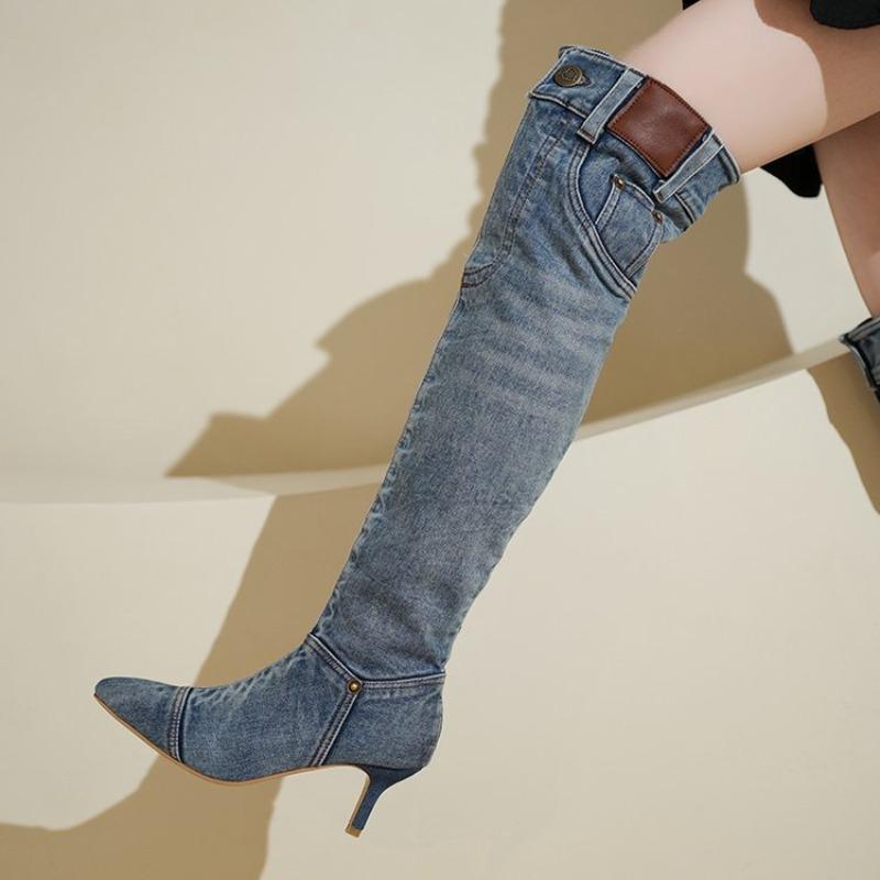 Women's Boots Fashion with Buttons Knee Boots Retro Hot Girl Blue Denim Long Boots Thin Heels Pointed Toe Pleated Women Shoes