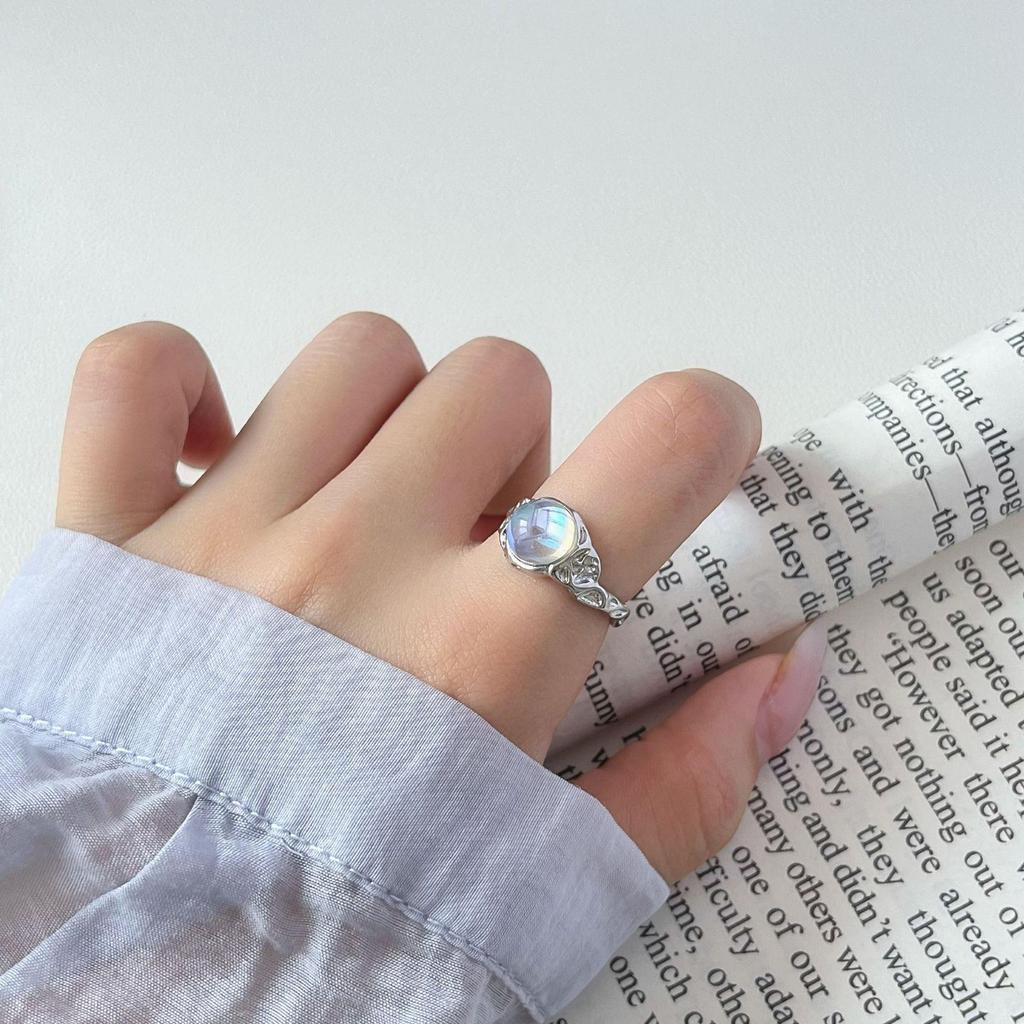 Korean Iridescent Moonstone Ring - Blue/White Gradient, Irregular Texture, INS Style