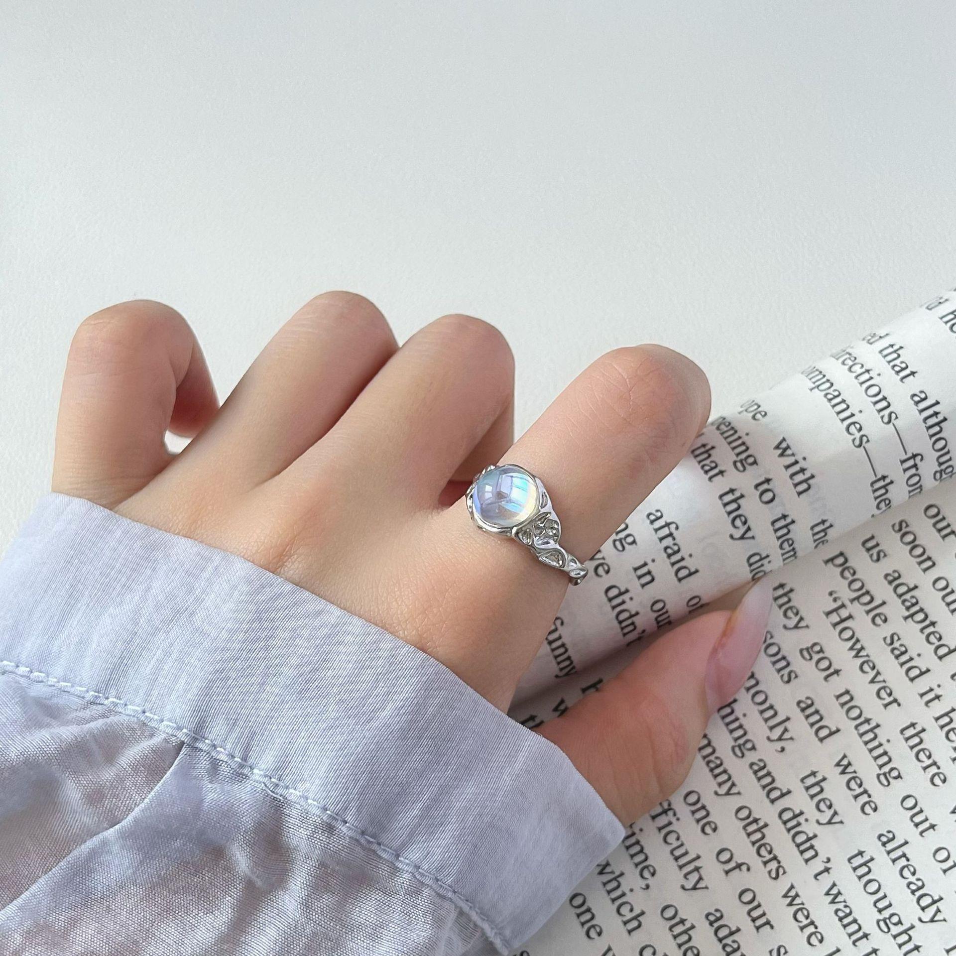 Korean Iridescent Moonstone Ring - Blue/White Gradient, Irregular Texture, INS Style Adjustable Open Size