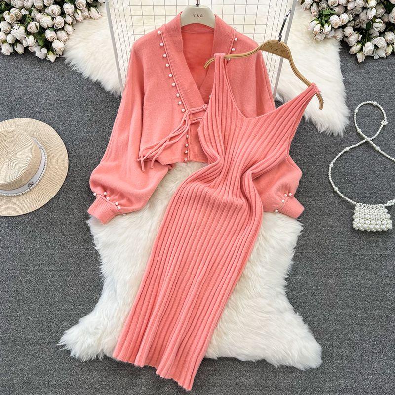

Retro Chinese Style Batwing Long Sleeve Vest Dress Buckle Rose pink One size