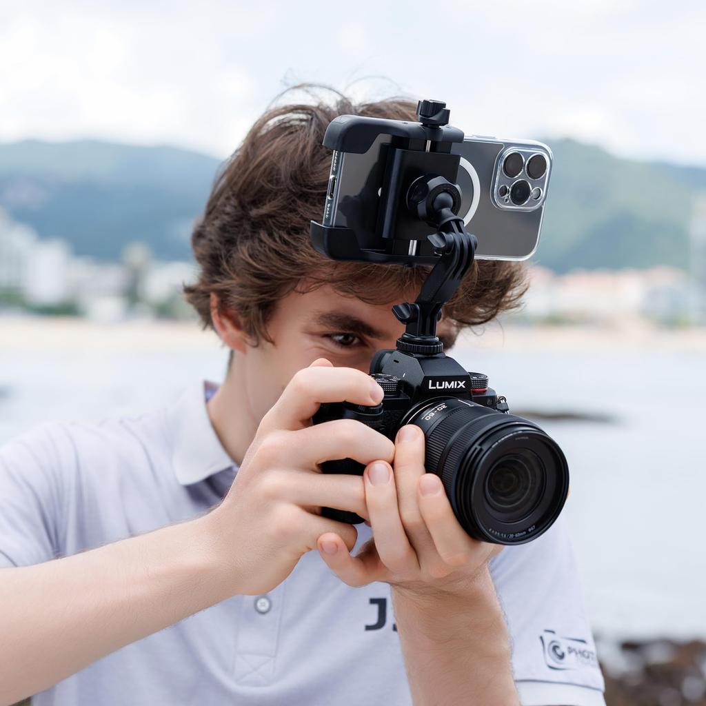 JJC Hot Shoe Camera and Smartphone Holder for Action Simultaneous Camera and Smartphone Portrait and Landscape Screw Drop Suitable for Stick GoPro