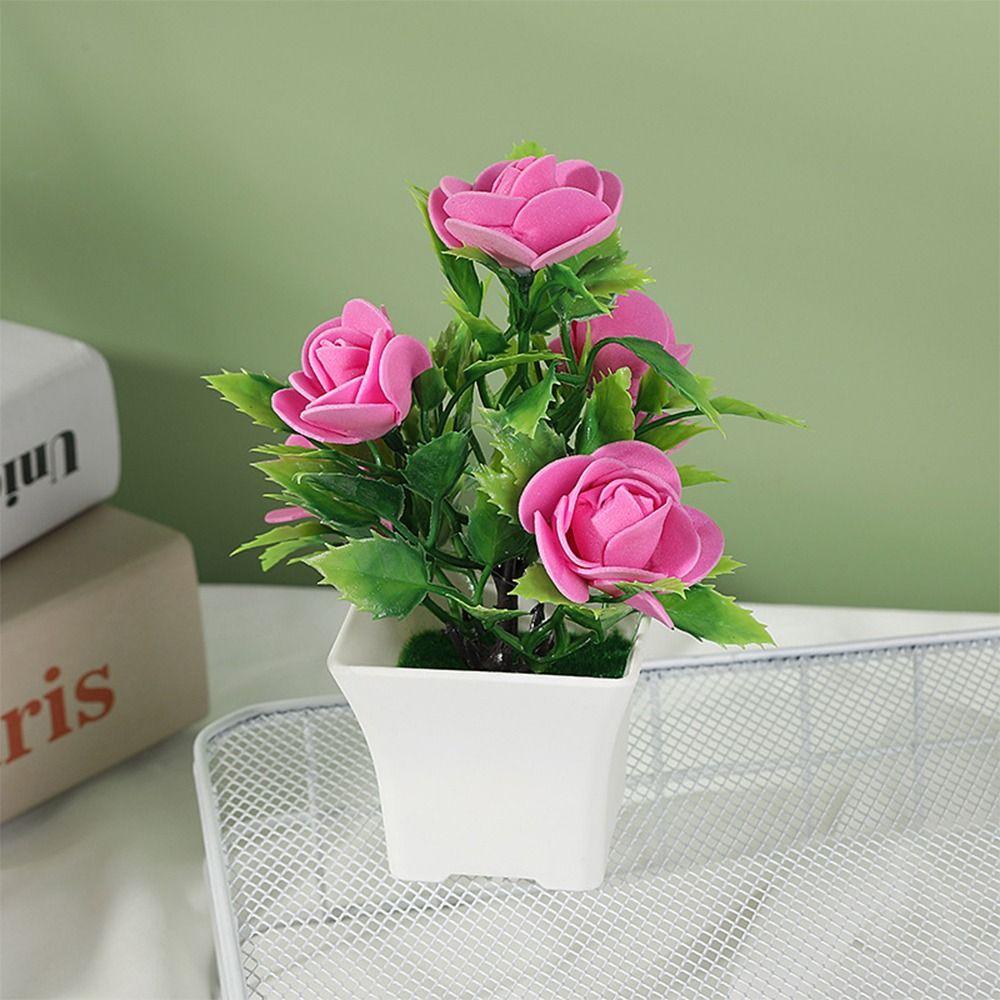 With Pots Artificial Flower Miniscape Realistic Artificial Rose Bonsai Decor Set Vibrant Color Simulated Potted Plant