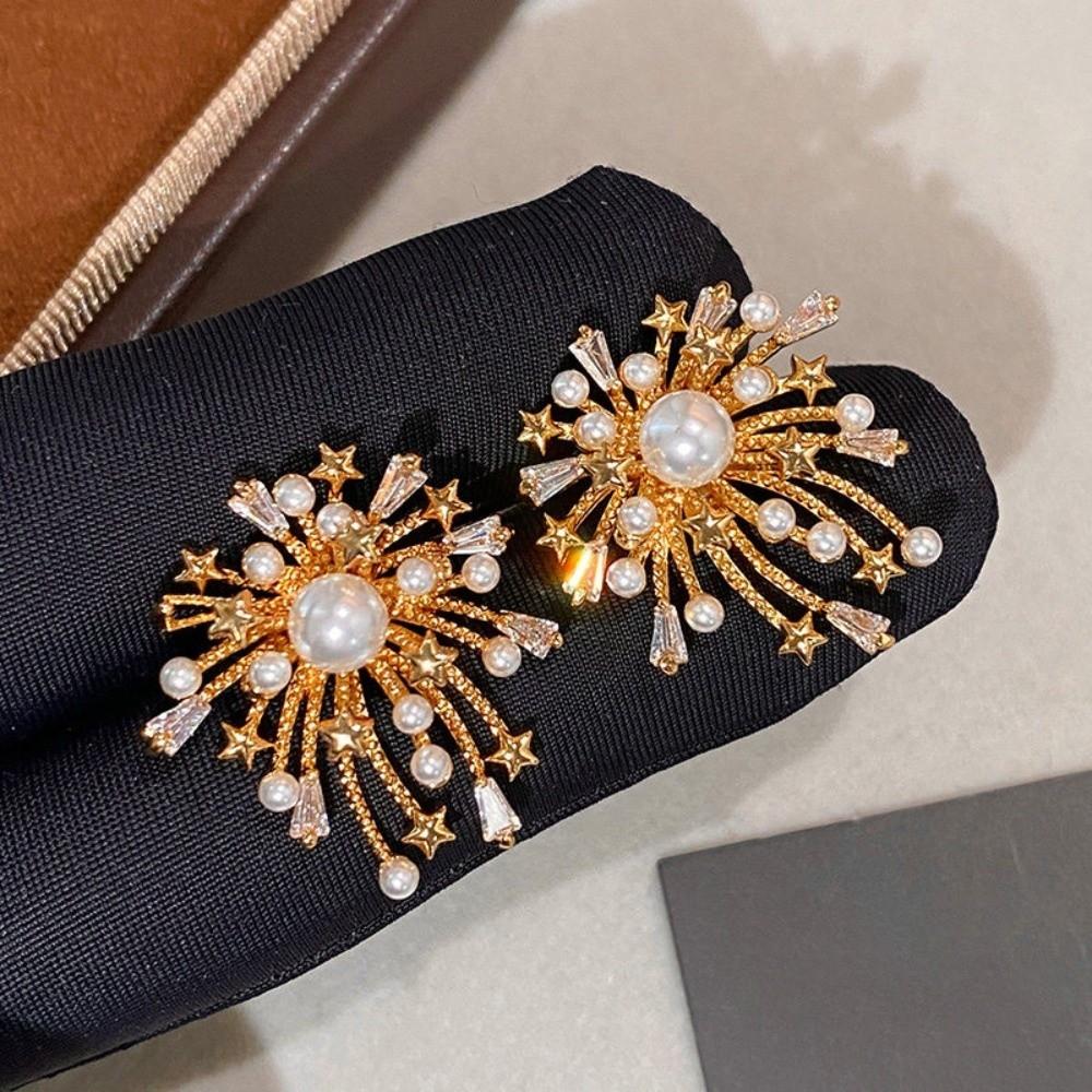 Elegant Sparkling Firework Earrings Pearl Like Dangling Korean Fashion Firework Starburst Ear Studs with Cascading Layered