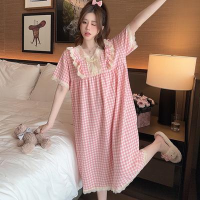Gitter Kirschmuster Nachthemd Nachtwäsche Damen Koreanischer Stil Rüschen Nachtkleid Pyjama Sommer Kurzarm Hauskleidung Neueste In