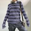 VAYLA Dame Fairy Grunge Strikket Basis Skjorte Y2K Grå Svart Stripete Langermet Rund Hals Topper Emo T-skjorte