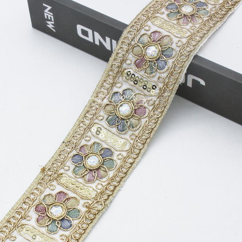 5yards Ethnic Gold Thread Sequins Lace Trims DIY Sewing Hanfu Dress Decoration Embroidered Fabric Garment Trimming Ribbon