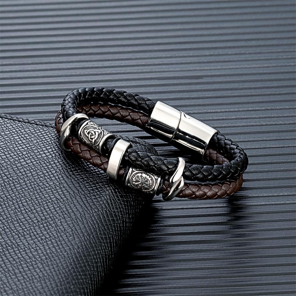 Vintage Vikings Compass Multilayer Genuine Leather Bracelet Men Stainless Steel Norse Runes Valknut Bangle Scandinavian Jewelry