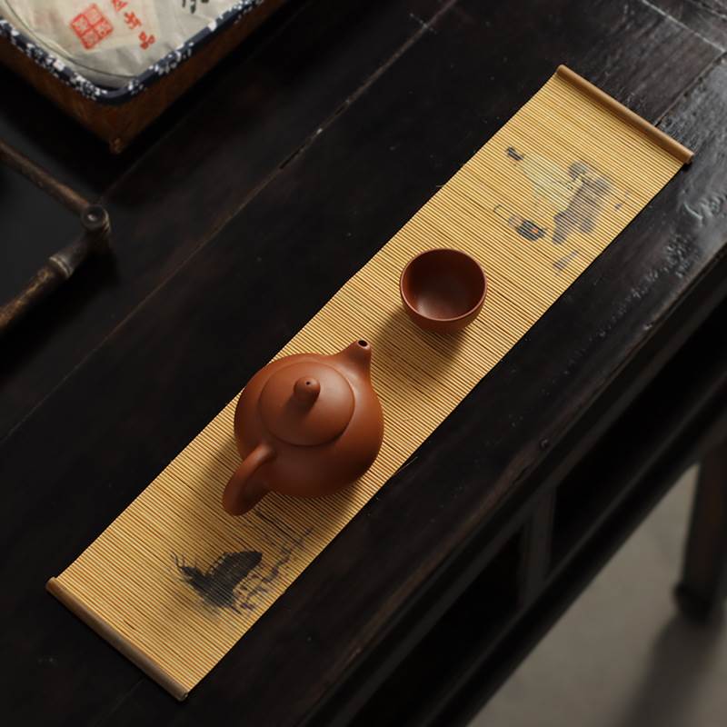 Waterproof Small Size Bamboo Weaving Tea Mat Heat Insulation Cup Mat Zen Style Print Tea Ceremony Accessories Chinese Style