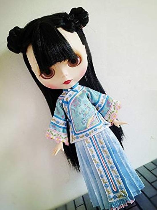 Dolly Para Blythe Outfit Azone Kompatibel Cheongsam Blau mit Perlenstickerei OB24/Licca-chan