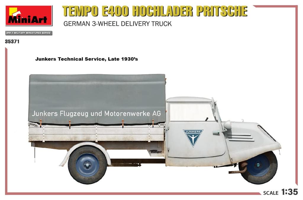 Miniart 1/35 Scale German Tempo E400 High Loader Flatbed Delivery Van, Three-Wheel Plastic Model, Model MA35371