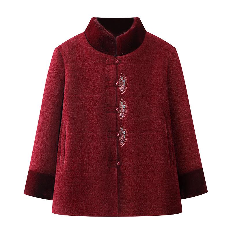 Elderly Women's Red Winter Tang Suit Cotton Jacket