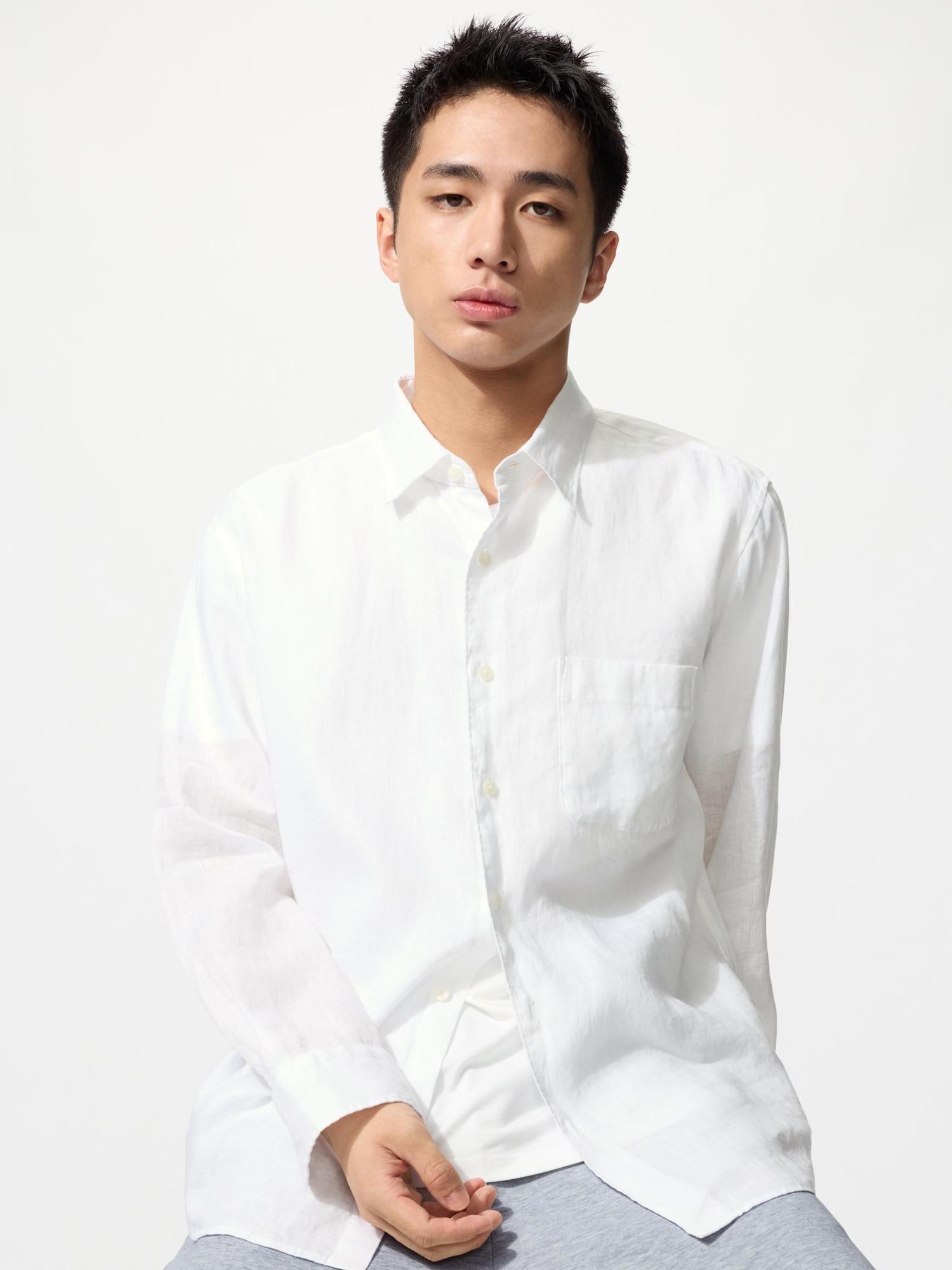 Uniqlo Япония Премиальная льняная рубашка с длинным рукавом 00 WHITE/XS