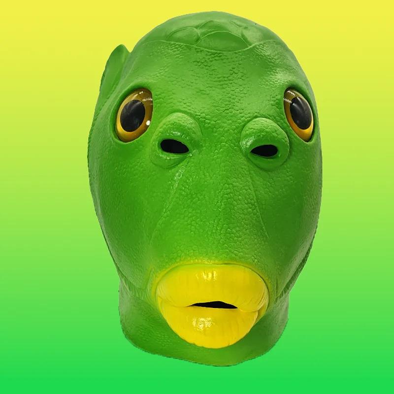 Смешная зеленая рыба голова полнолицевая маска головной убор Хэллоуин животное латексная — фото 7