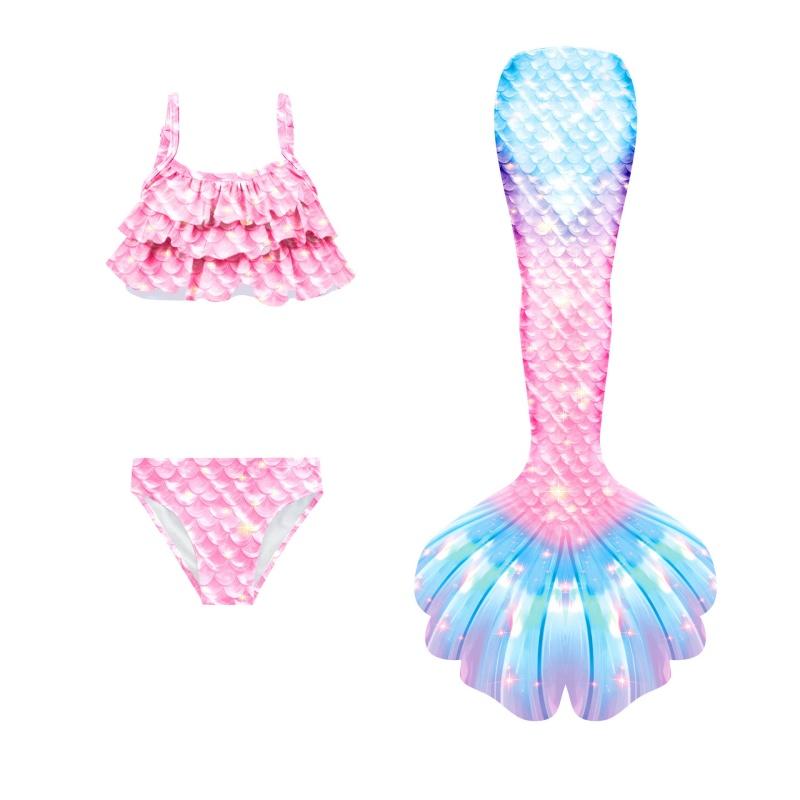 3Pcs Girls Mermaid Tail Swimsuit Children Memaid Swimwear Bikini Bathing Suit Halloween Costume Princess Beach Party Clothing