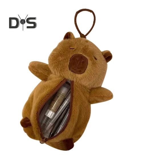 Capybara Shape Plush Pencil Case with Lanyard Large Capacity Zipper Pens Stationery Cosmetics Organizer