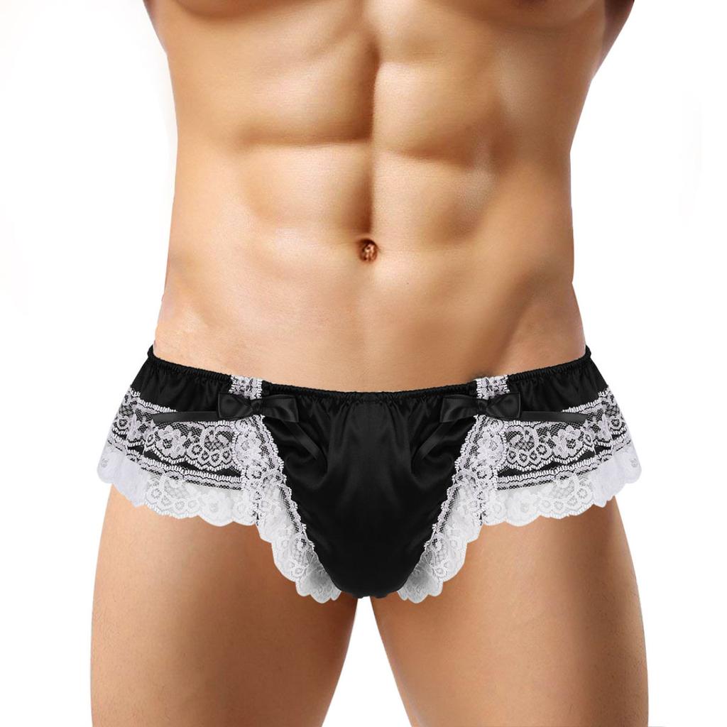 Men's Sissy Frilly Ruffled Lace Trim Crossdress Underwear G-String Thongs Briefs Panties