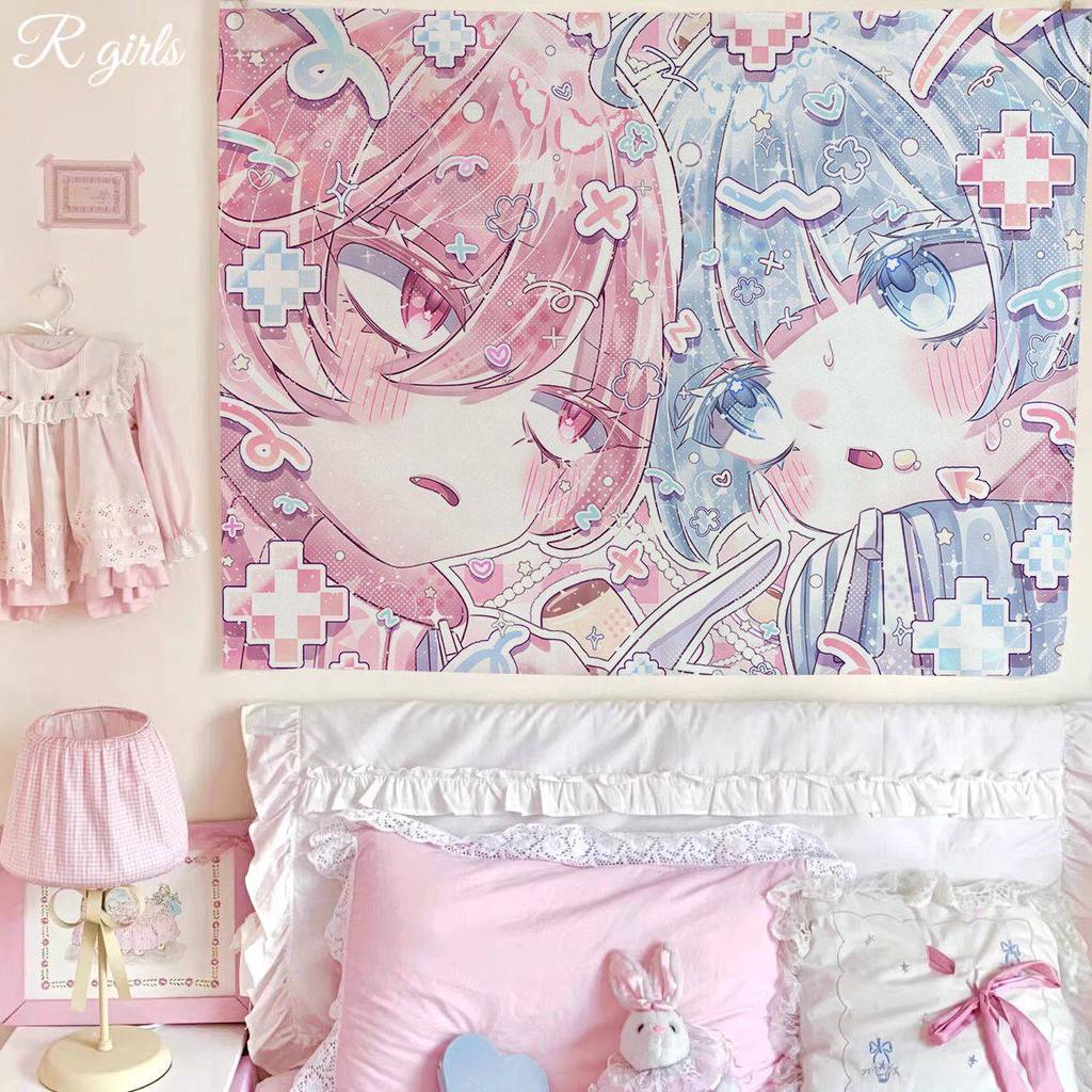 Kawaii Pink Anime Couple Tapestry Y2K Aesthetic Love Art Print Wall Hanging for Bedroom Cute Room Decor