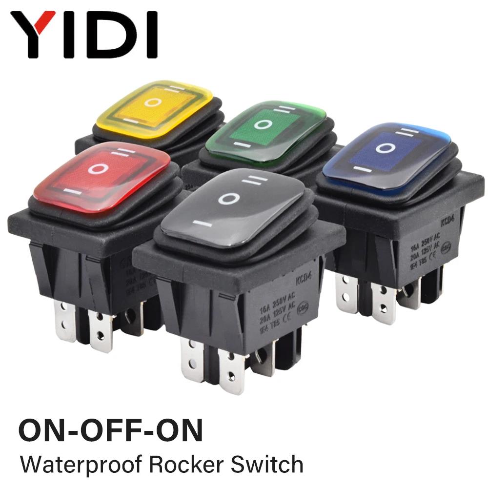 KCD4-203 Heavy Duty 16A 250VAC 30x22mm Waterproof Rocker Push Switch T85 IP65 6pin DPDT ON OFF ON 12V 220V Red Green Blue Light