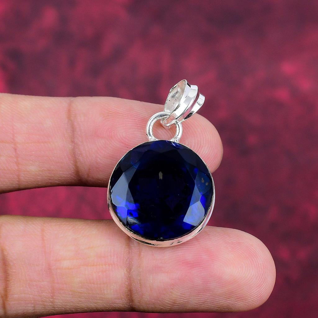 Blue Sapphire Pendant, Handmade Gemstone Pendant, 925 Solid Sterling Silver Pendant Antique Jewelry, For Engagement Gift