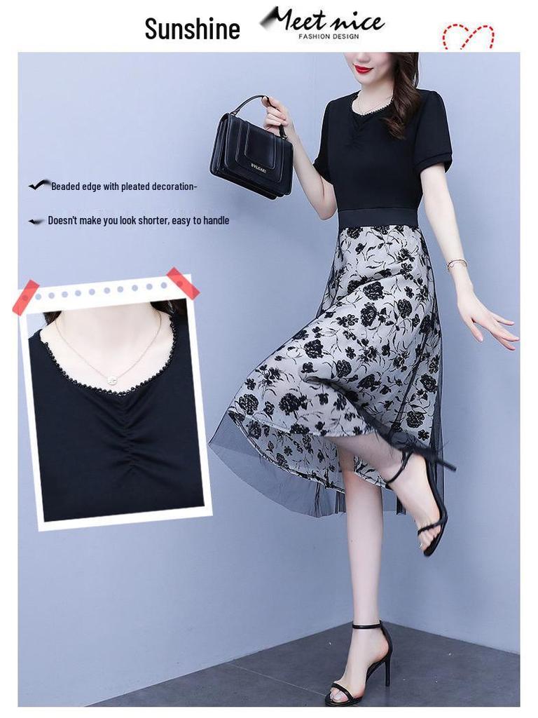 Women's Black Mesh Patchwork Faux Two-Piece Short-Sleeve Dress, Summer 2024 - Waist-Cinching Tie-Up Design.