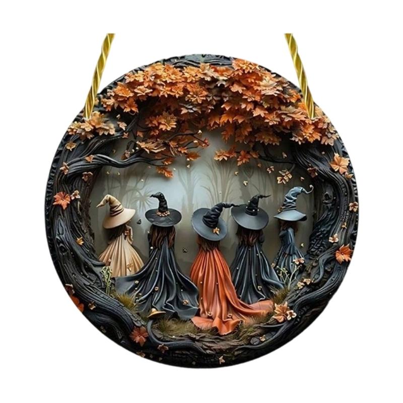 Elegant Wooden Halloween Porch Sign Wood Witch Pattern Seasonal Door Decoration Plaque For Outdoor Indoor Holiday Party