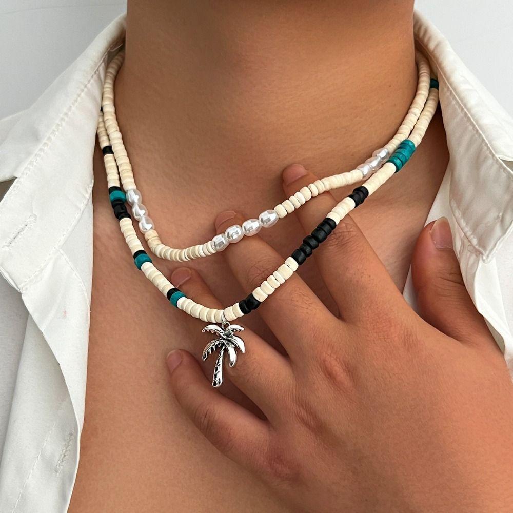 Hip Hop Coconut Tree Pendant Choker Silver Rhinestone Flower Necklace Coconut Husk Necklace Women