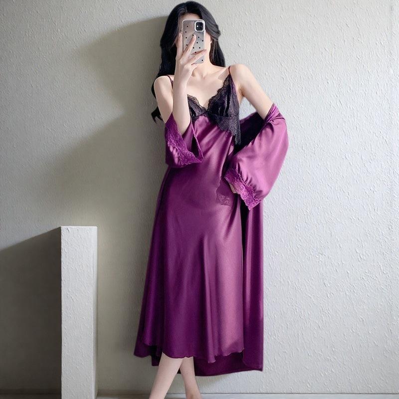Ice and snow silk long dress women's summer sexy pajamas long suspender nightdress ice lace backless loungewear with chest pad
