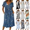 Vestido Casual Feminino Moderno Estampado Retrô Gola Redonda Manga Curta Botão na Gola Comprimento Médio