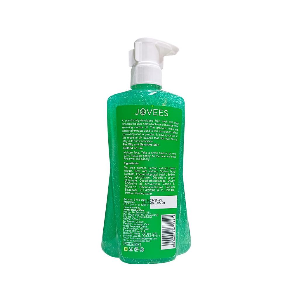 Jovees Herbal Tea Tree Oil Control Face Wash 300ml For Oily Sensitive Skin | Gentle Cleanser Removes Excess Oil, Prevents Breakouts