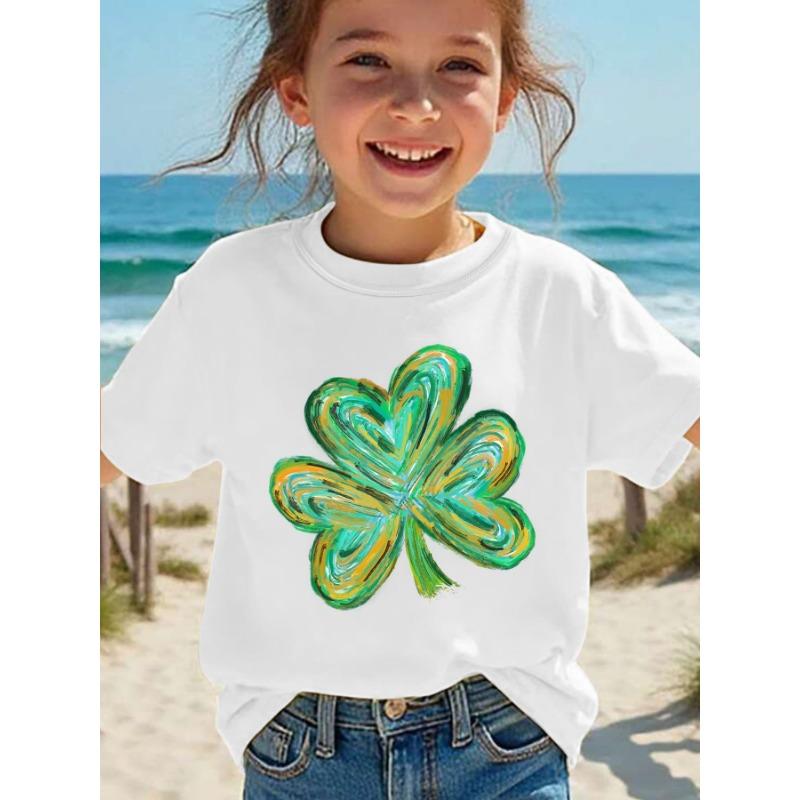 European sizes Summer Fashion Girls  Short Sleeve T-Shirt with Clover Cartoon Print, Casual Versatile Top 110