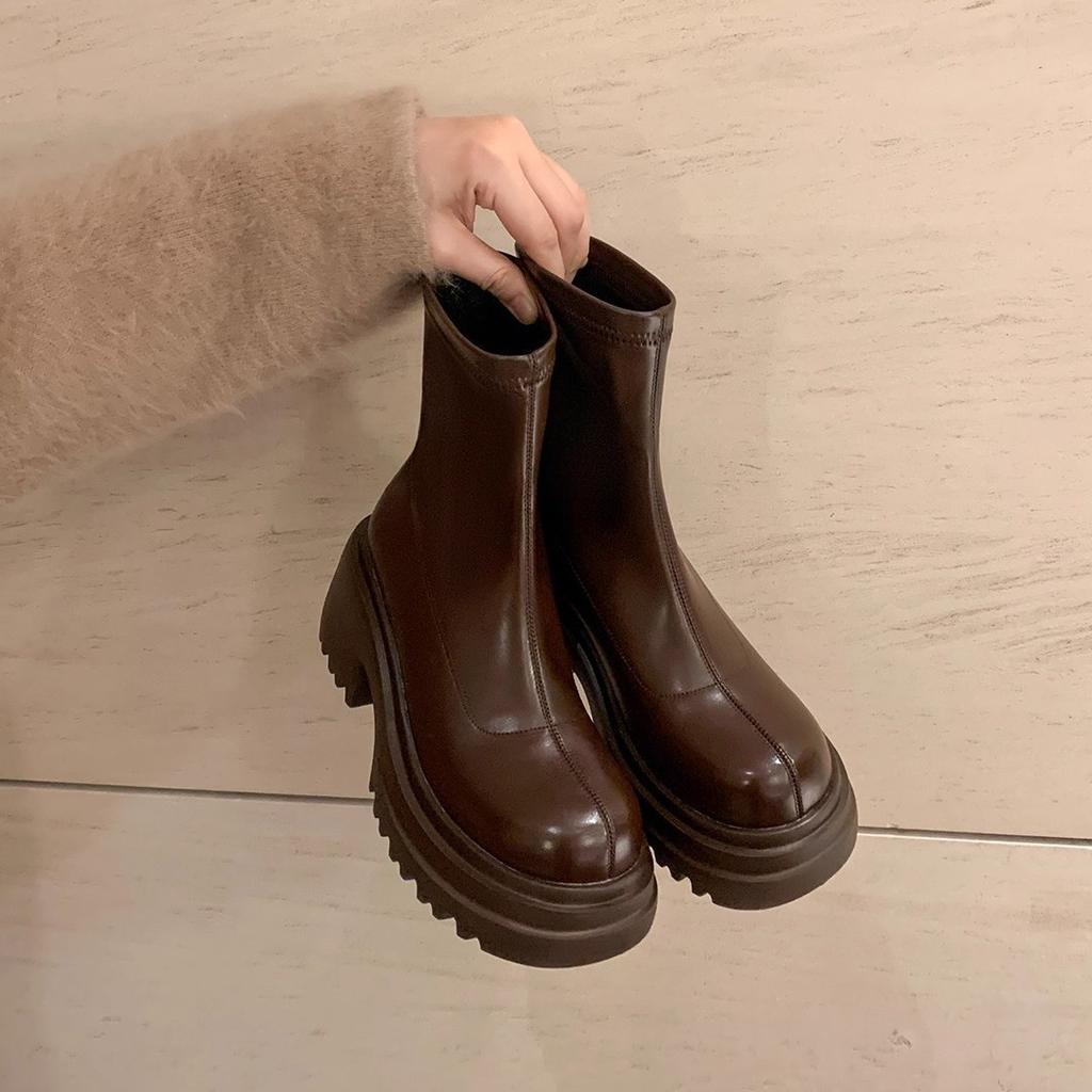 Leg fine boots~ thick heel thick sole rear zipper bag leg elastic short boots women's 2025 autumn and winter new Martin thin boots