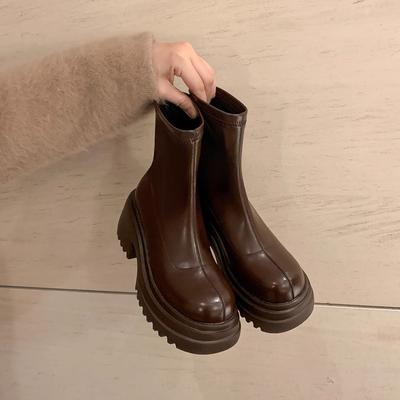 Botas finas para la pierna~ tacón grueso suela gruesa cremallera trasera tipo calcetín pierna elástica botines cortos para mujer 2025 otoño e invierno nuevos Botas finas Martin