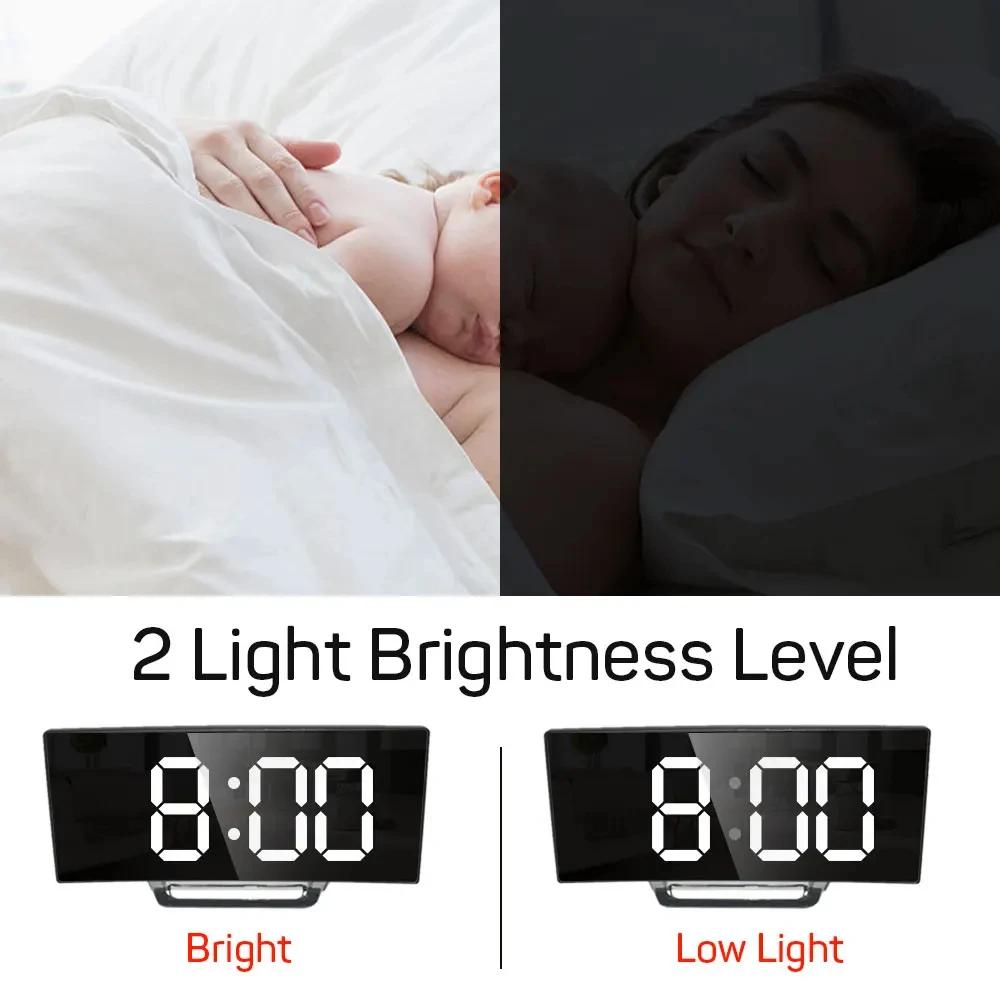 LED Digital Alarm Clock Curved Screen Mirror Display Silent Smart Desktop Clock Student Bedroom Table Clock