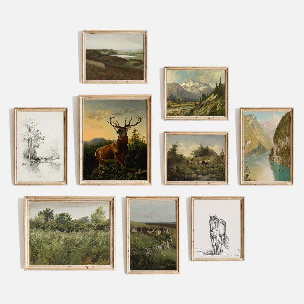 TheCanvas Vintage Wall Art Prints Set of 9, Eclectic Nature Wall Art for Living Room, French Country Landscape Painting, Gallery Wall Decor for