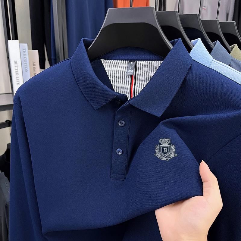 Wovey Lente Herfst Heren Poloshirt Kraag Lange Mouwen T-shirt Luxe Badge Print Zakelijk Kantoor Herenkleding 4XL