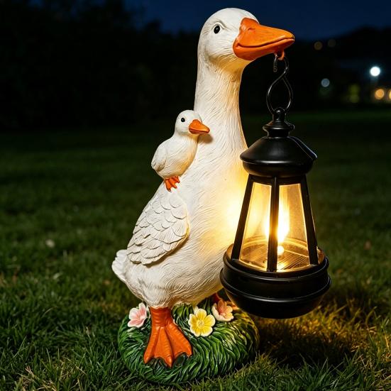 Decorative Yard Art with Lights Garden Duck Statue Solar Lantern, Cute Mom And Baby Sculpture Powered Decoration Lamp, Waterproof Resin Light