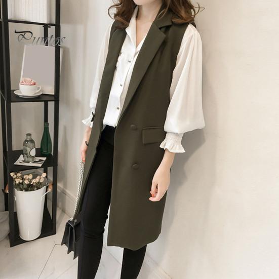 Podzim Jaro Ženy Vesta Stahovací límec Dvouřadý Volný Bez rukávů Délka Kapsy pod kolena Cardigan Jednobarevné Vesta na denní nošení