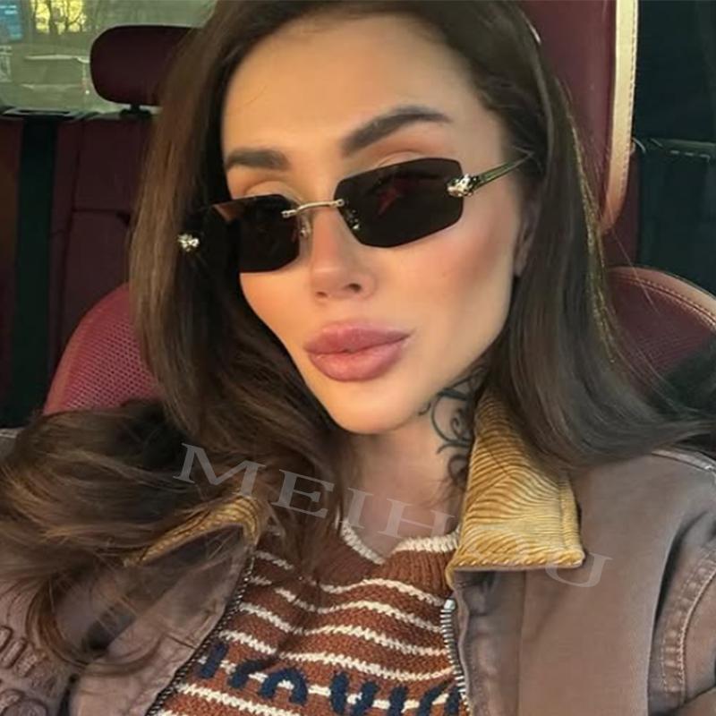 Rimless Square Fashion Sunglasses Woman Vintage Rimless Rectangle Sunglasses Women  New Luxury Brand Design Black Shades