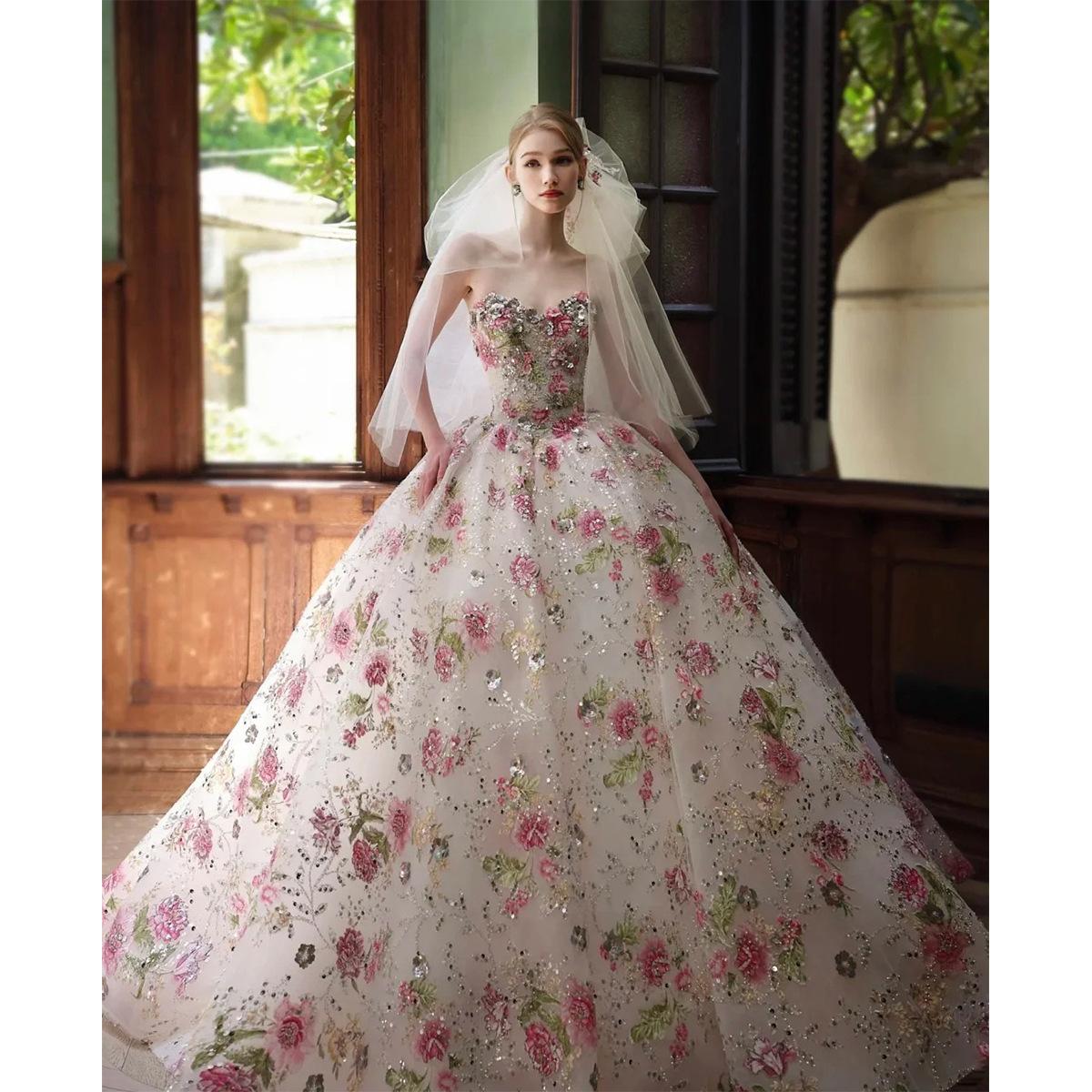 

Французское свадебное платье невесты 2025 высококачественная текстура вышитый цветок мужская юбка тяжелая промышленность бюстье свадебное платье M